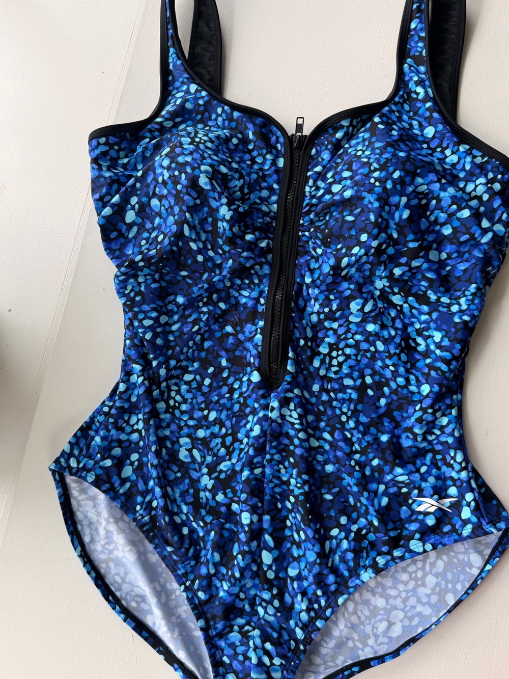 Reebok Women's Blue Speckle Front-Zip One-Piece Swimsuit